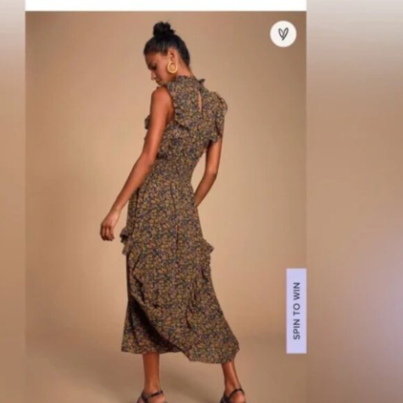 NWT Lulus- Evalina Mustard Yellow Floral Print Mock Neck Midi Dress - Picture 2 of 5